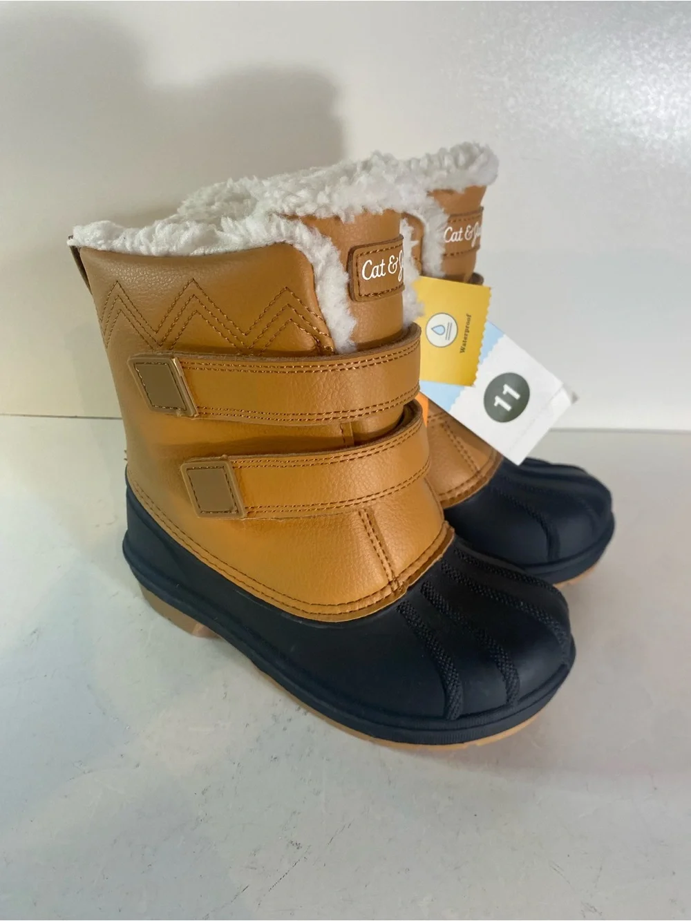 NWT Cat & Jack Child’s Denver Winter Tan Leather & Black Rubber Boots Size 11